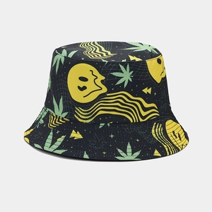 Detail of black reversible bucket hat with yellow face and green leaf patterns