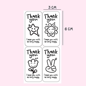 Set of cute oval Thank You stickers with cartoon flowers for gift box packaging