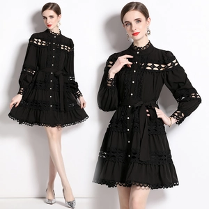 Elegant Hollow Out Lace Long Lantern Sleeve Dress Stand Collar Artificial Pearl Button Tiered A Line Waist Tie Evening Party For Women
