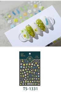 Detail of TS-1331 nail stickers with green floral patterns and daisy designs