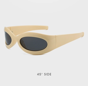 45-degree side view of cream wrap-around sports sunglasses with dark grey polarized lenses