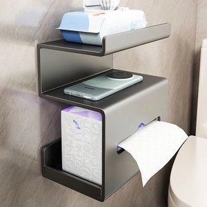 Wall-mounted gunmetal grey bathroom shelf and paper holder with phone storage rack
