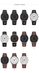 Matrix display of 11 Geneva quartz men's watches with leather straps and date windows