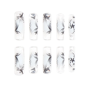Translucent blue press-on nails with black stars and rhinestones 10pcs set