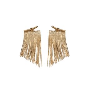 Elegant gold curved bar long chain tassel drop earrings with polished metallic finish