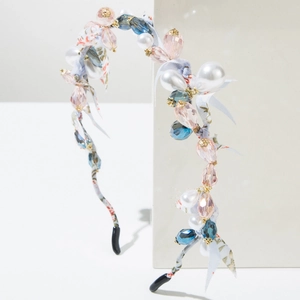 Cerchietto in tessuto floreale con perle di cristallo colorate per donna