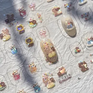 Iridescent shell gloss nail stickers featuring cartoon bears and happy everyday text