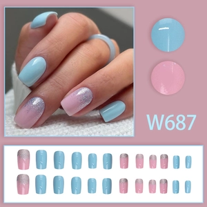 Short square press-on nails with blue and pink glitter gradient, set of 24 pieces