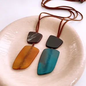 Vintage Long Sweater Necklace With Geometric Resin Pendant Marble Texture Faux Leather Cord Ethnic Style For Women Jewelry