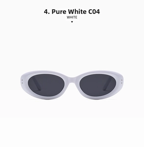 Detailed front view of solid white retro oval sunglasses with grey lenses and silver accents