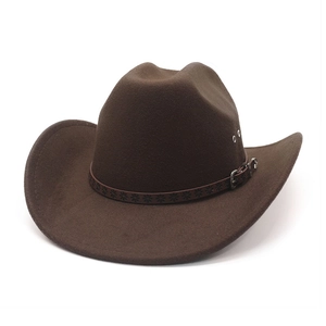 Detail of dark brown felt cowboy hat featuring leather band with sunflower patterns