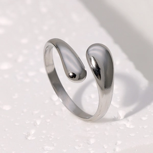 Polished silver stainless steel open ring with minimalist water drop wrap design