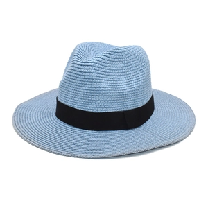 Detailed close-up of light blue straw panama hat featuring a black grosgrain ribbon band