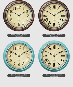 Detail showing vintage wall clock options with Roman and Arabic numerals and retro frames