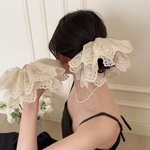 Oversized Lace Embroidered Scrunchie French Retro Double Layer Eyelet Hair Tie Elegant Ponytail Holder For Women