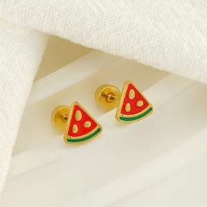 Minimalist stainless steel watermelon earrings with red enamel and secure screw-back