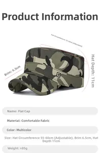 Size chart showing adjustable flat top cap dimensions with camo pattern and metal label
