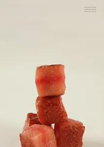 Macro shot of realistic beef cube model showing detailed muscle texture and fat simulation