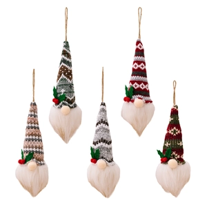 Set of 5 lighted Christmas gnome ornaments with knitted hats and white beards on white background
