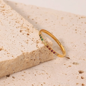 French style 18k gold plated stainless steel ring with colorful zircon gemstones