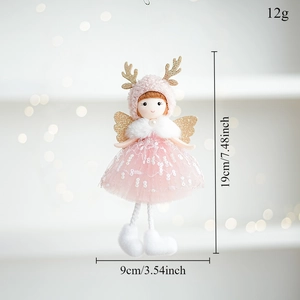 Detail of pink Christmas angel plush pendant with glitter sequins and deer antlers