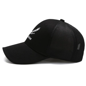 Unisex black breathable mesh baseball cap with white wheat embroidery for sun protection