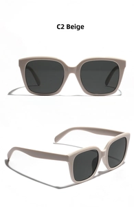 Detailed views of beige square sunglasses featuring large frames and dark grey lenses