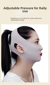 Detail view of pink V-line lifting face strap with geometric texture and ear cutouts