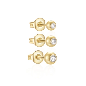 Detailed view of three sizes of gold plated S925 silver stud earrings with clear zircons