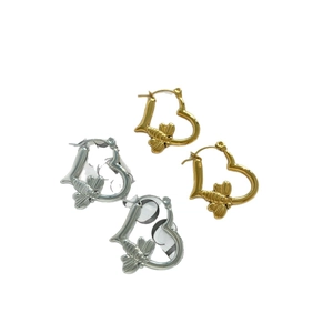 Minimalist heart-shaped bee earrings in gold and silver finish on white background