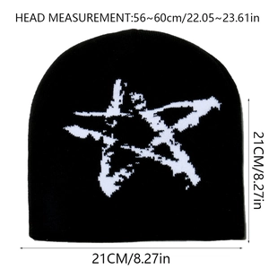 Size guide for black knit star beanie with dimensions of 21cm height and 21cm width