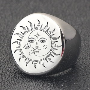 Polished stainless steel ring with engraved sun and moon totem for men and women
