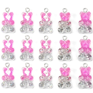 Sparkly pink glitter resin bear pendants for DIY jewelry making in a neat 15-piece set
