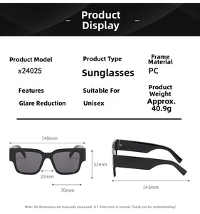 Detailed technical specifications and size chart for the wide-frame rectangular sunglasses