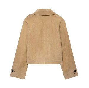 Women's camel faux suede cropped windbreaker jacket shown from a rear perspective
