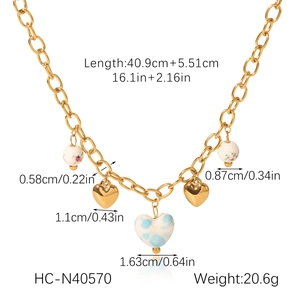 Detailed size chart of stainless steel heart necklace with ceramic pendants and gold chain