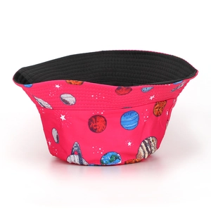Detail of wide-brim bucket hat featuring colorful space planets and galaxy print