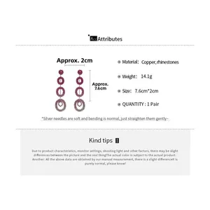Detail specifications for long tassel earrings with purple and pink gradient rhinestones