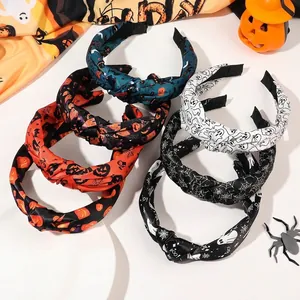 Halloween Knotted Headband Fabric Wide Hair Hoop Pumpkin Ghost Spider Web Print Festive Party Headwear For Women