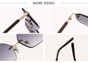 Detailed views of rimless gradient sunglasses featuring wood grain temples and metal hinges