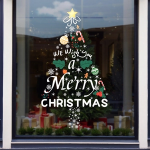 Christmas tree window decal with festive ornaments and Merry Christmas text for shops