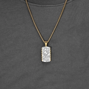 Mechanical gear style necklace with hammered texture pendant and gold cross detail