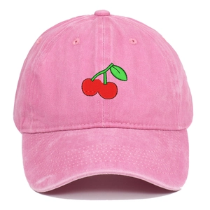 Vintage washed cotton pink baseball cap featuring cherry embroidery and sun protection
