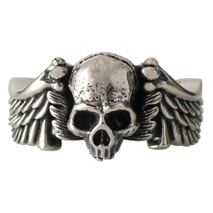 Vintage punk silver skull ring with wings, hip-hop style adjustable metal band for men