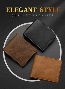 Short horizontal leather wallets for men in black, dark brown, and light brown colors