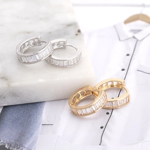 Minimalist geometric copper hoop earrings with rectangular zircon stones in gold and silver