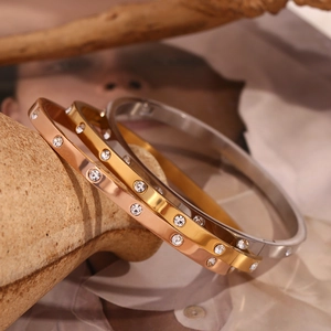Three-color 18K gold plated stainless steel bangles with full cubic zirconia stones