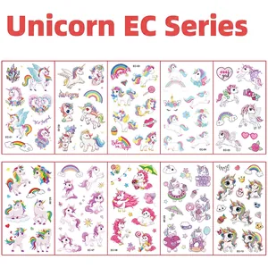 Set of 10 waterproof unicorn cartoon tattoo stickers with rainbows and stars designs