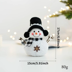 Detailed view of a Christmas snowman doll with dimensions and plush fabric texture