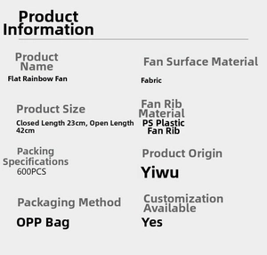 Detailed specifications of a 23cm rainbow folding fan with cloth and plastic materials